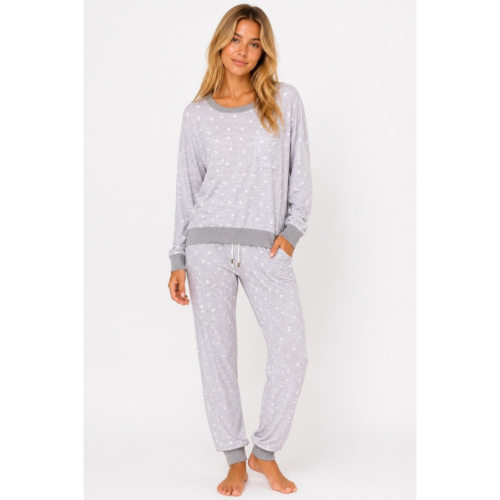 Splendid Womens M Pajama Set Gray‎ Heart Print Long Sleeve Jogger Lounge Sleep